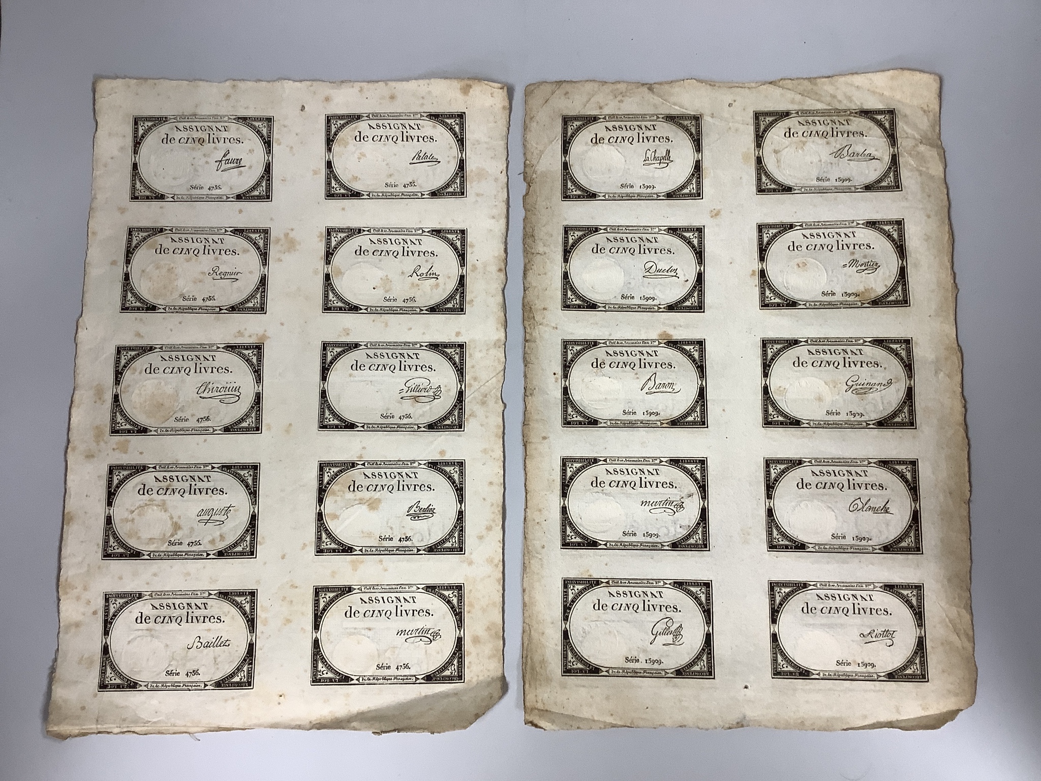 French Revolutionary banknotes, Republic Francaise, an uncut sheet of 20 domaines nationaux Assignat de dix francs, 10 francs, Loi du 23 Mai 1793, Serie 1029, and 2 sheets of 10 Assignat de cinq livres, 5 livres, Serie 4